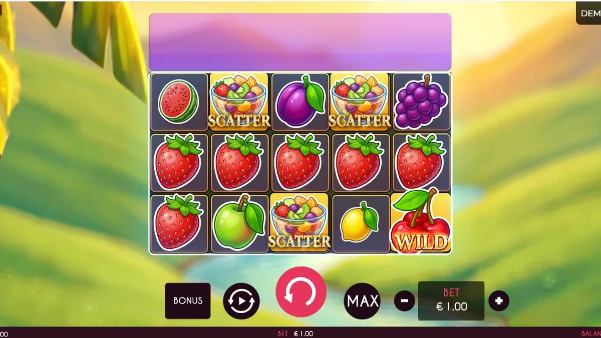Tampilan visual slot Fruits Madness dengan simbol buah yang cerah dan fitur Wild Tower